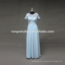 ED Bridal Real Sample Short Sleeves A-line Sky Blue Lace Bridesmaid Dress Chiffon Long